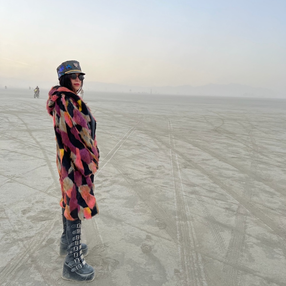 Multi-Color Faux Fur Hooded Coat - Women Burning Man